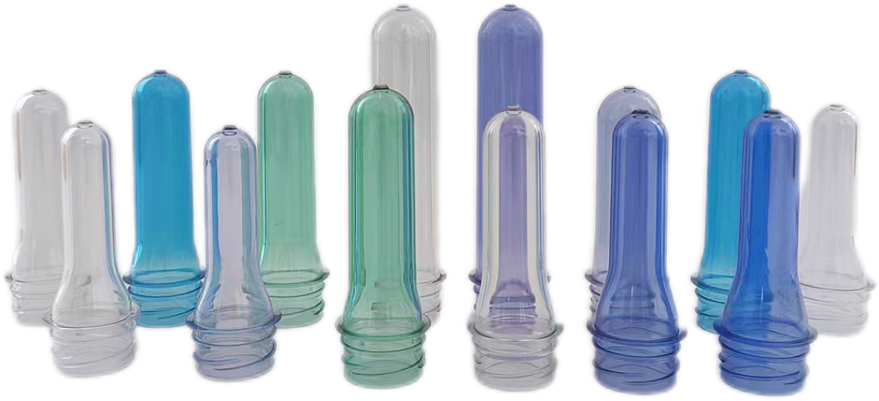 Clear and blue PET bottle preforms in multiple weights