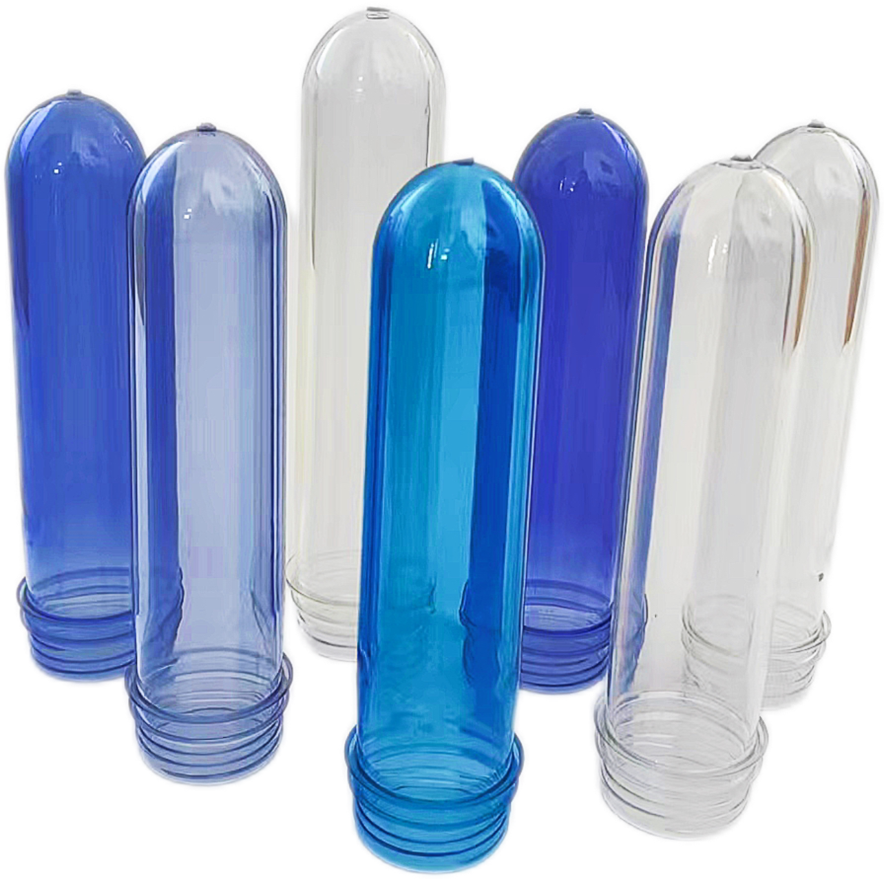 45 mm PET preforms in clear and blue